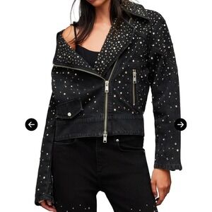 AllSaints Balfern Studded Denim Biker Jacket Washed Black Crystal Moto Glam Rock